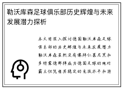 勒沃库森足球俱乐部历史辉煌与未来发展潜力探析