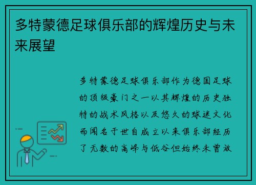 多特蒙德足球俱乐部的辉煌历史与未来展望