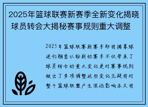 2025年篮球联赛新赛季全新变化揭晓 球员转会大揭秘赛事规则重大调整