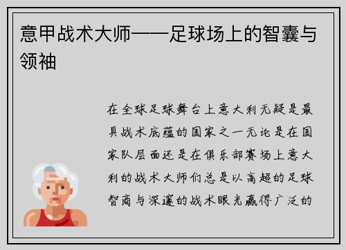 意甲战术大师——足球场上的智囊与领袖