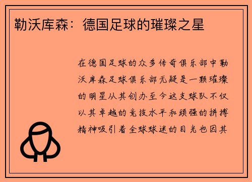 勒沃库森：德国足球的璀璨之星