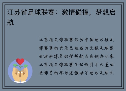 江苏省足球联赛：激情碰撞，梦想启航